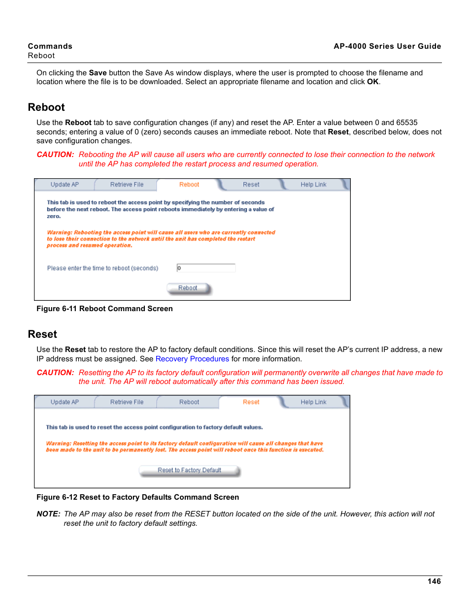 Reboot, Reset, Reboot reset | Proxim AP-4000 User Manual | Page 146 / 235