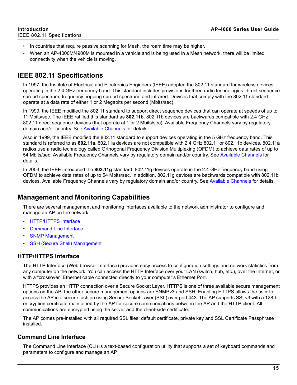 Ieee 802.11 specifications, Management and monitoring capabilities, Http/https interface | Command line interface, Http/https interface command line interface | Proxim AP-4000 User Manual | Page 15 / 235
