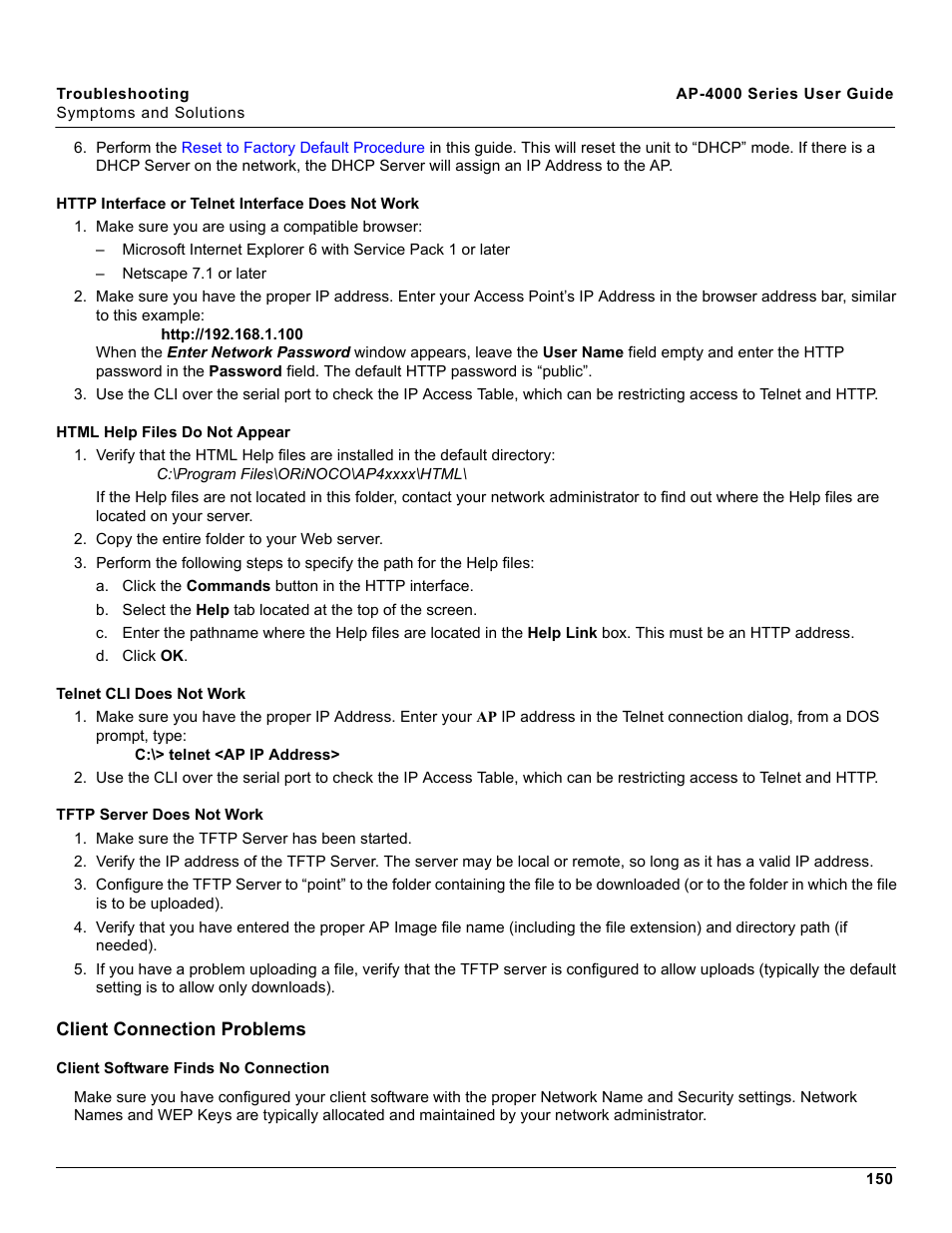 Http interface or telnet interface does not work, Html help files do not appear, Telnet cli does not work | Tftp server does not work, Client connection problems, Client software finds no connection | Proxim AP-4000 User Manual | Page 150 / 235