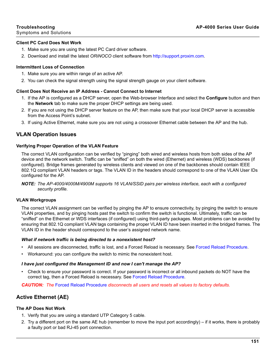 Client pc card does not work, Intermittent loss of connection, Vlan operation issues | Verifying proper operation of the vlan feature, Vlan workgroups, Active ethernet (ae), The ap does not work, Vlan operation issues active ethernet (ae) | Proxim AP-4000 User Manual | Page 151 / 235