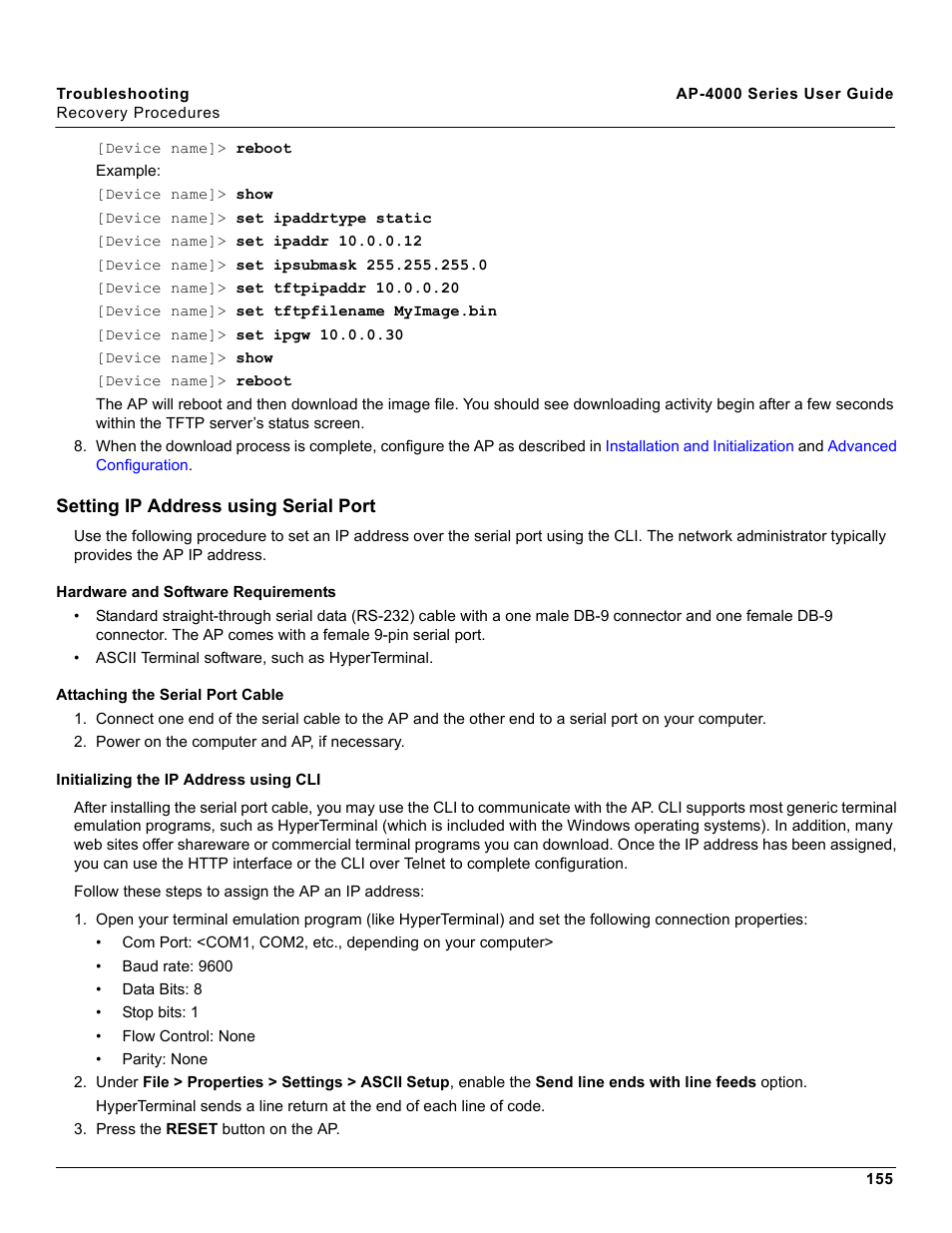 Setting ip address using serial port, Hardware and software requirements, Attaching the serial port cable | Initializing the ip address using cli, Initializing the ip address, Using cli | Proxim AP-4000 User Manual | Page 155 / 235