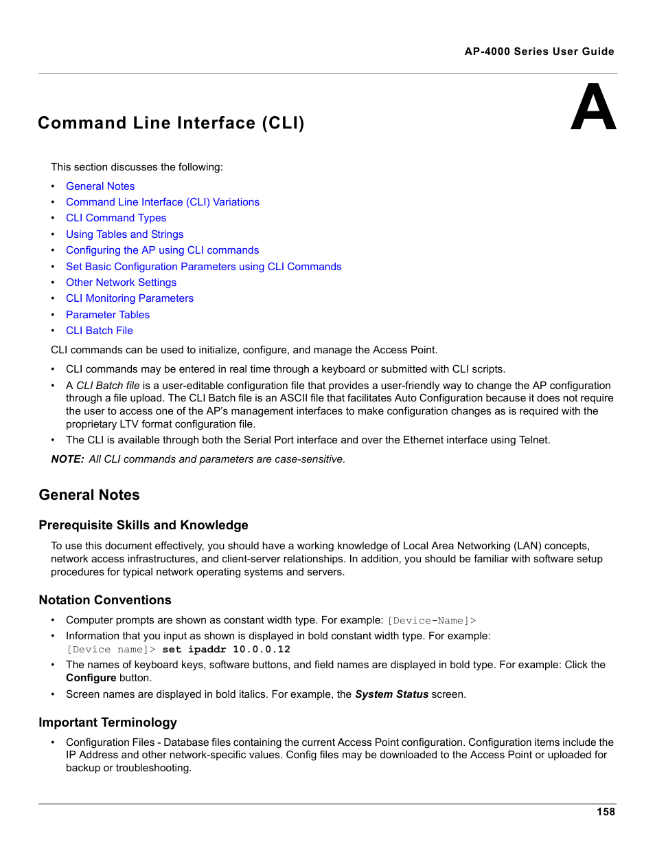 Command line interface (cli), General notes, Prerequisite skills and knowledge | Notation conventions, Important terminology, A command line interface (cli), Command line, Interface (cli) | Proxim AP-4000 User Manual | Page 158 / 235