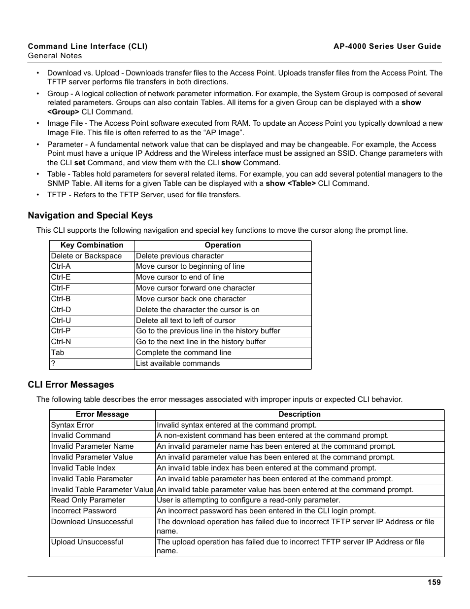 Navigation and special keys, Cli error messages, Navigation and special keys cli error messages | Proxim AP-4000 User Manual | Page 159 / 235