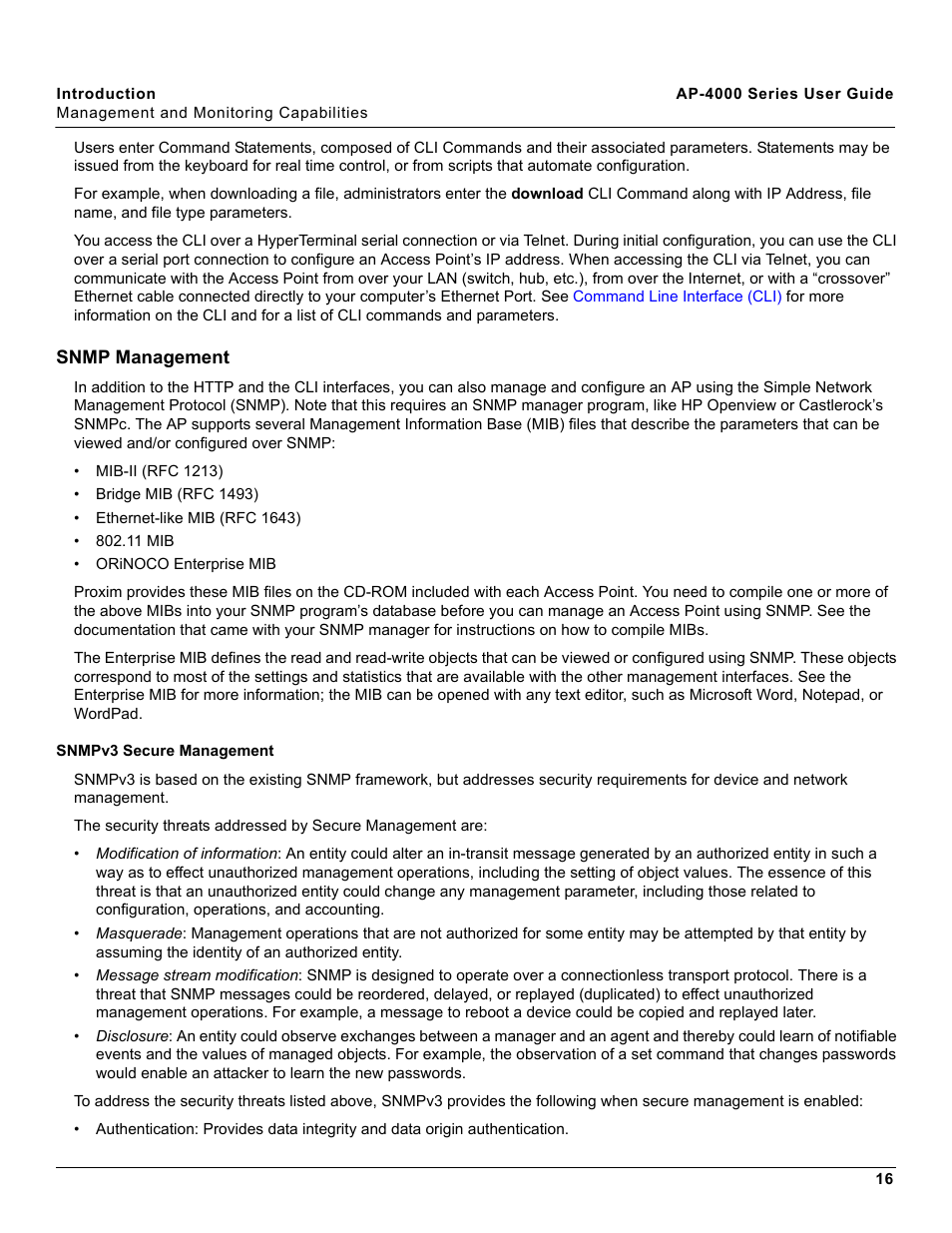 Snmp management, Snmpv3 secure management | Proxim AP-4000 User Manual | Page 16 / 235