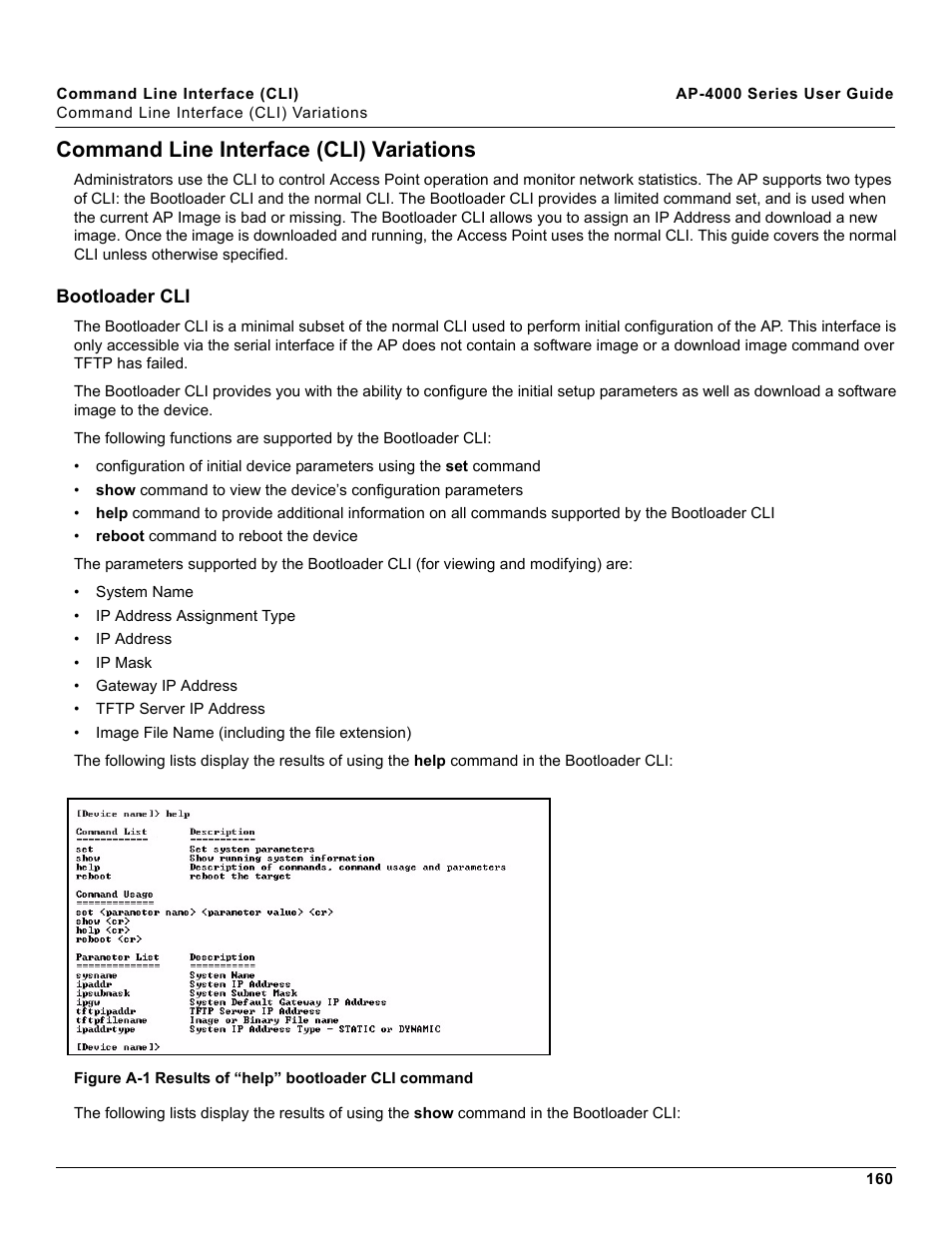 Command line interface (cli) variations, Bootloader cli | Proxim AP-4000 User Manual | Page 160 / 235
