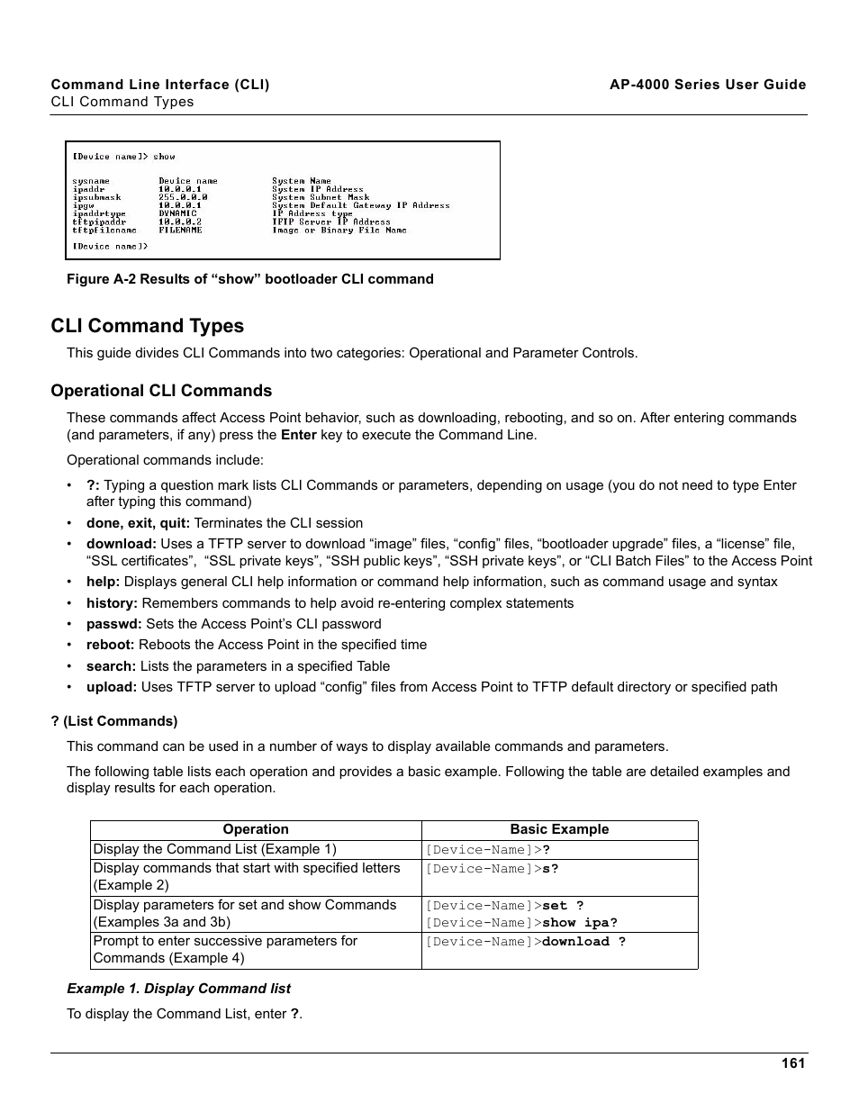 Cli command types, Operational cli commands, List commands) | Proxim AP-4000 User Manual | Page 161 / 235