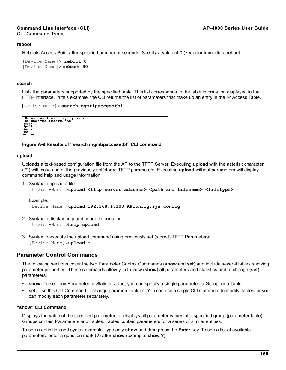 Reboot, Search, Upload | Parameter control commands, Show” cli command | Proxim AP-4000 User Manual | Page 165 / 235