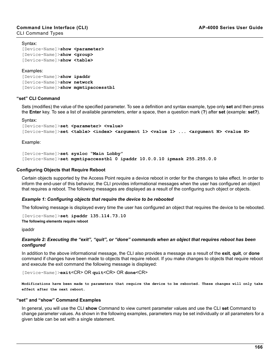 Set” cli command, Configuring objects that require reboot, Set” and “show” command examples | Proxim AP-4000 User Manual | Page 166 / 235