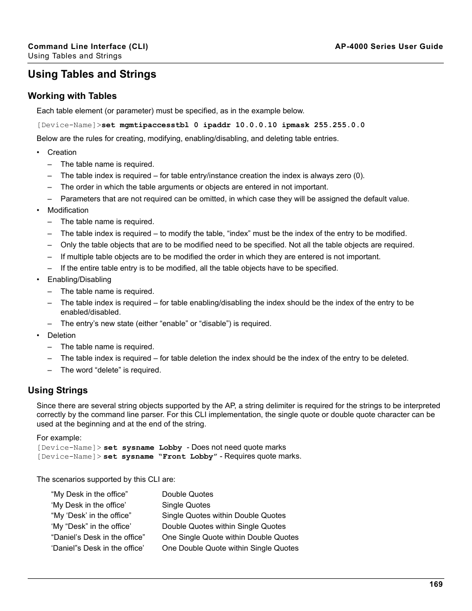 Using tables and strings, Working with tables, Using strings | Working with tables using strings | Proxim AP-4000 User Manual | Page 169 / 235