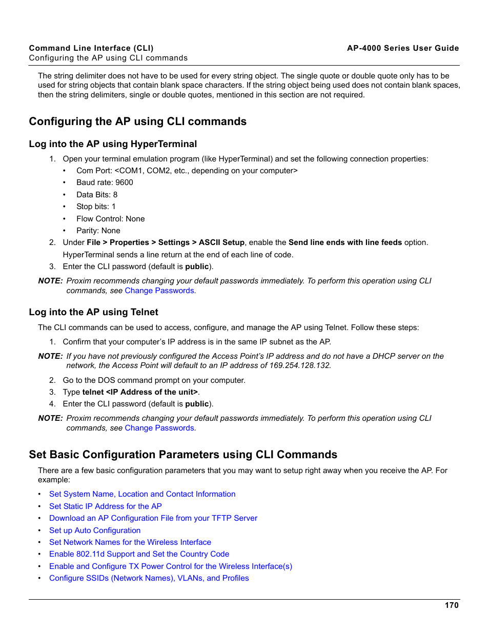 Configuring the ap using cli commands, Log into the ap using hyperterminal, Log into the ap using telnet | Proxim AP-4000 User Manual | Page 170 / 235
