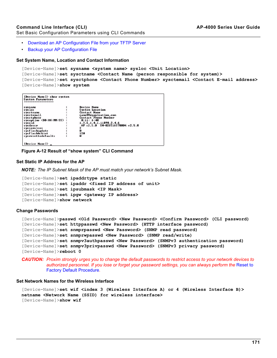 Set system name, location and contact information, Set static ip address for the ap, Change passwords | Set network names for the wireless interface | Proxim AP-4000 User Manual | Page 171 / 235