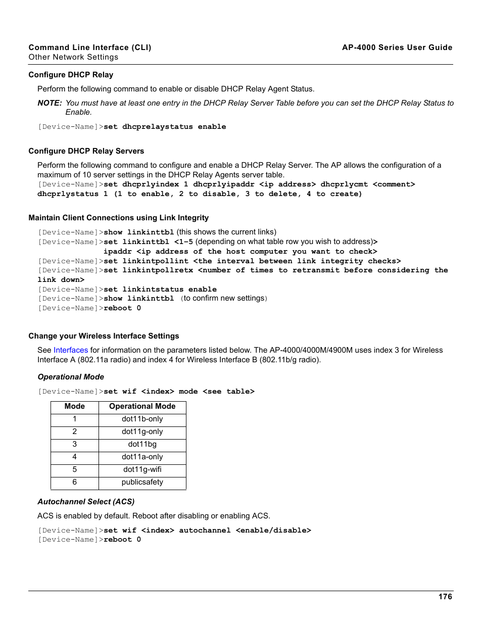 Configure dhcp relay, Configure dhcp relay servers, Maintain client connections using link integrity | Change your wireless interface settings | Proxim AP-4000 User Manual | Page 176 / 235
