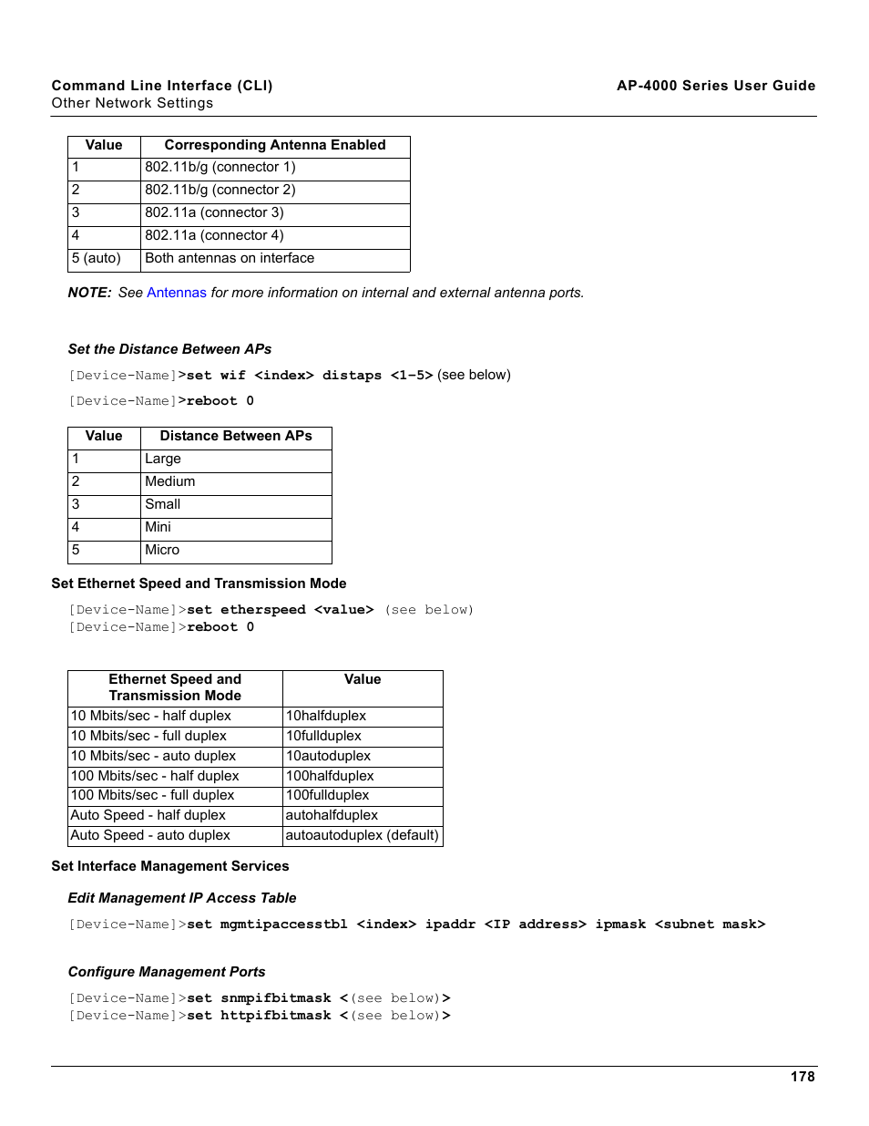 Set ethernet speed and transmission mode, Set interface management services | Proxim AP-4000 User Manual | Page 178 / 235