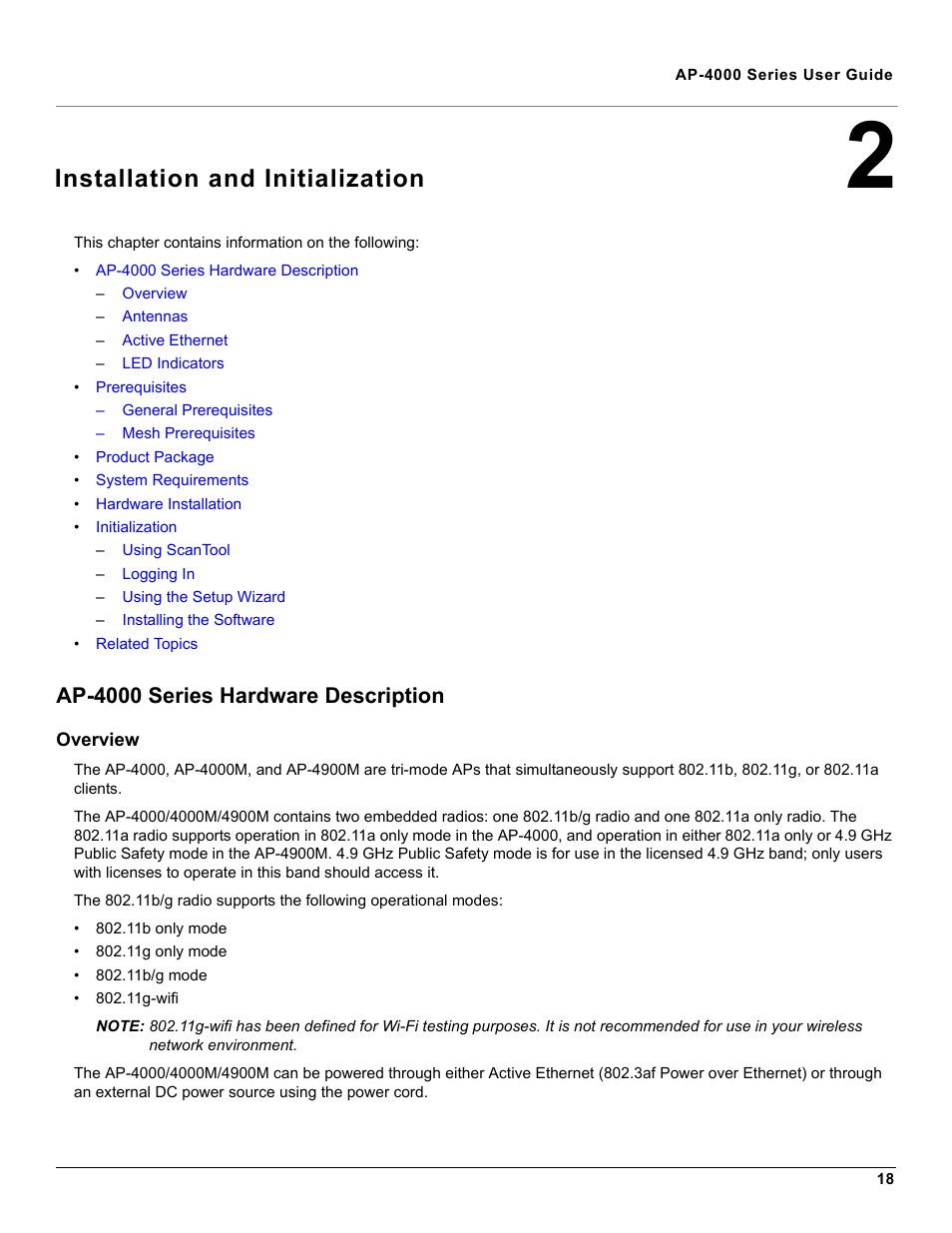 Installation and initialization, Ap-4000 series hardware description, Overview | 2 installation and initialization | Proxim AP-4000 User Manual | Page 18 / 235