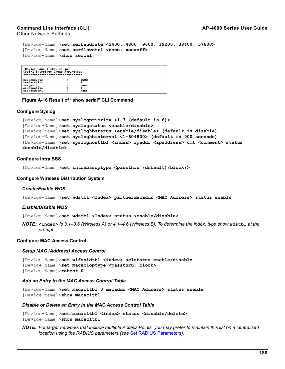 Configure syslog, Configure intra bss, Configure wireless distribution system | Configure mac access control | Proxim AP-4000 User Manual | Page 180 / 235