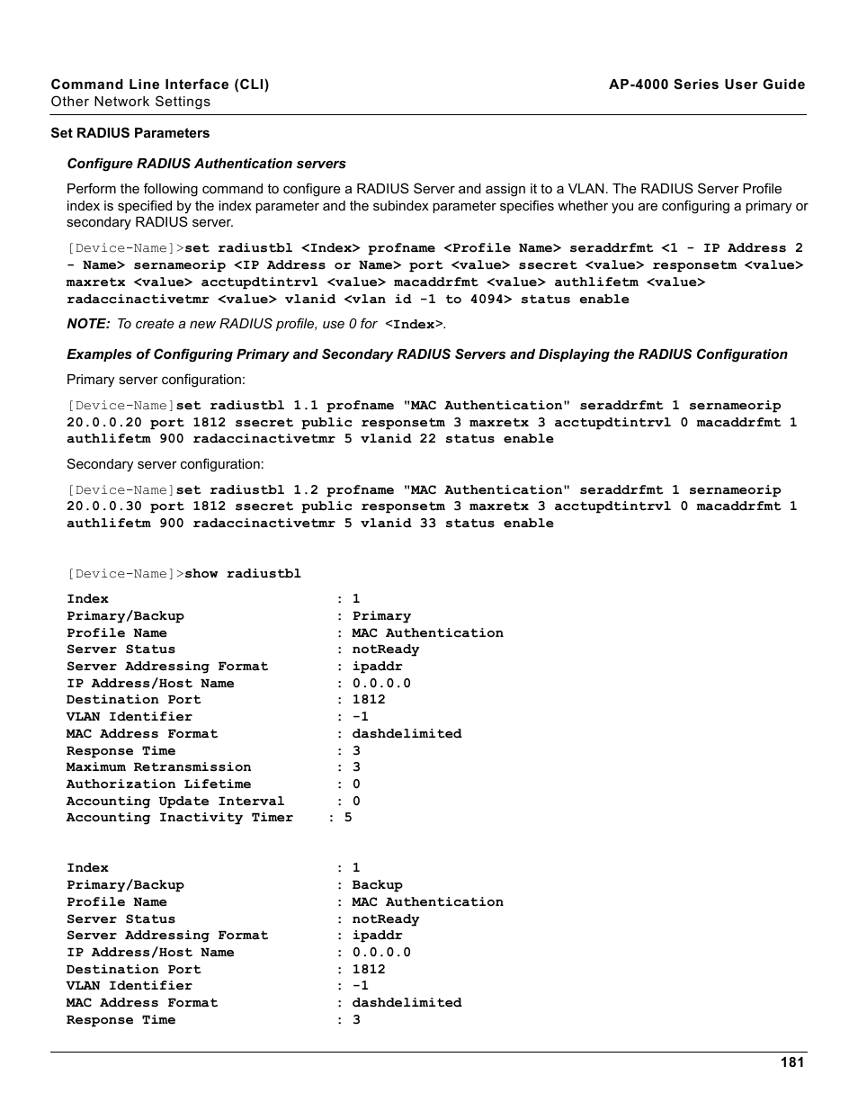 Set radius parameters | Proxim AP-4000 User Manual | Page 181 / 235