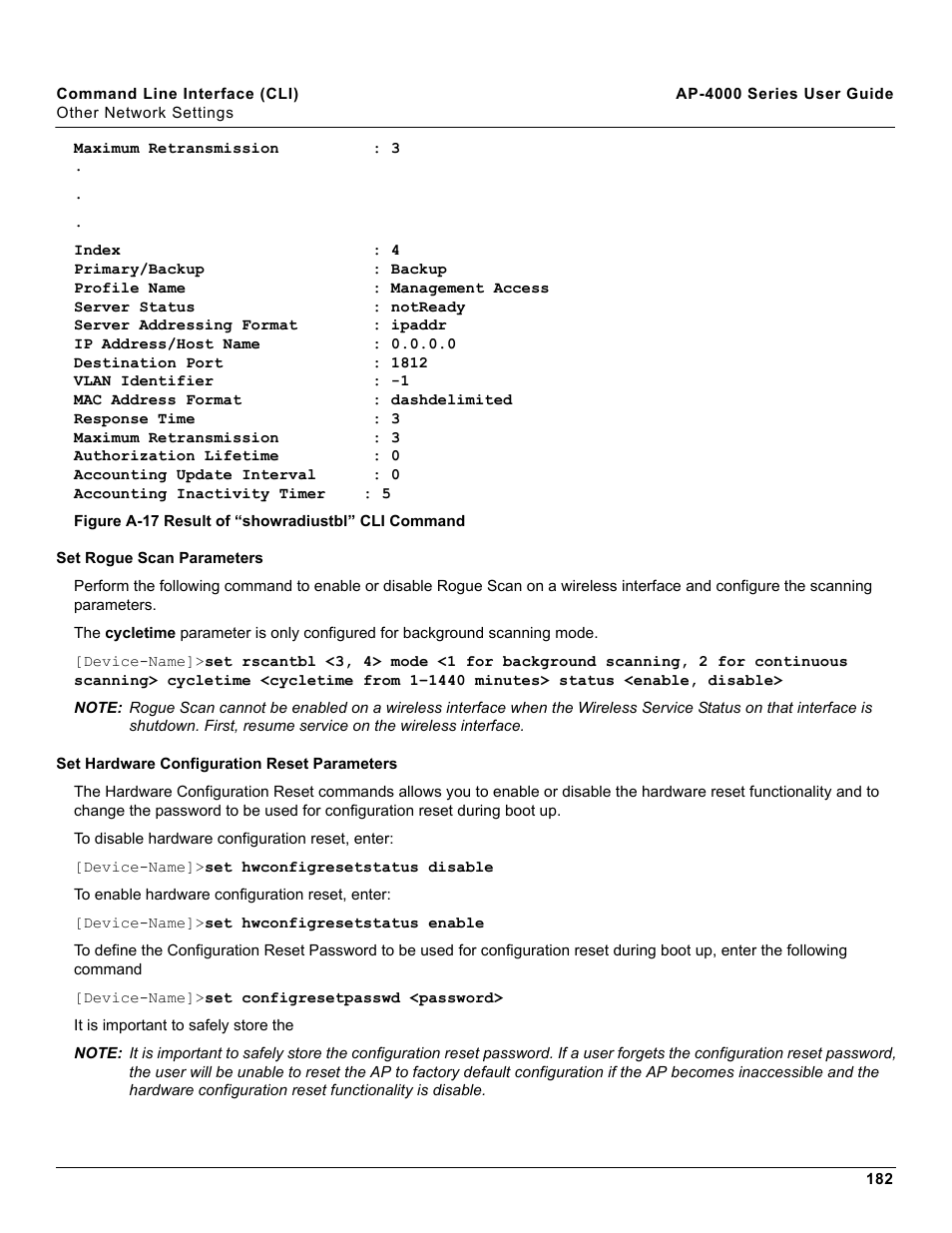 Set rogue scan parameters, Set hardware configuration reset parameters | Proxim AP-4000 User Manual | Page 182 / 235