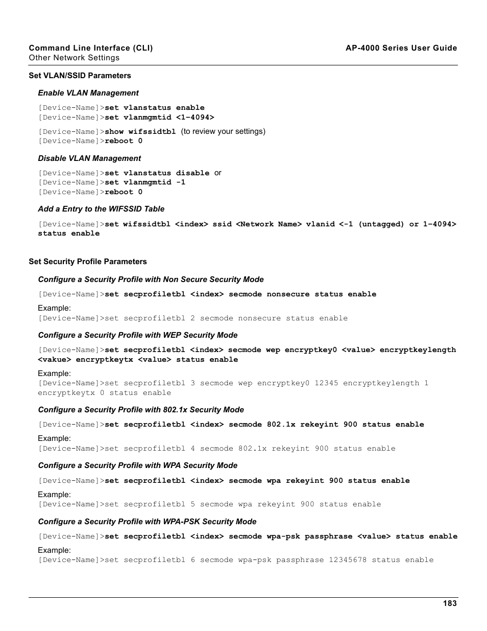 Set vlan/ssid parameters, Set security profile parameters | Proxim AP-4000 User Manual | Page 183 / 235