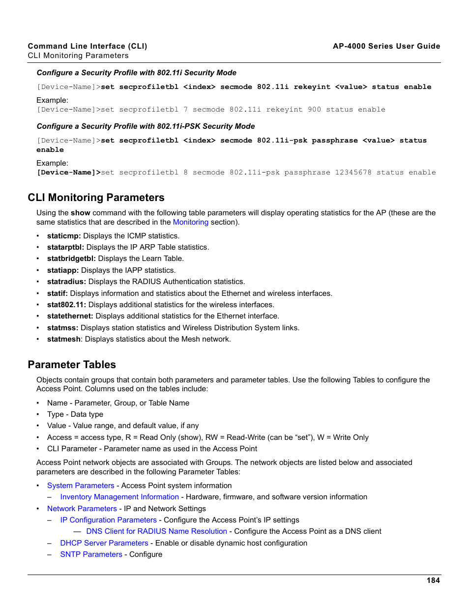 Cli monitoring parameters, Parameter tables, Cli monitoring parameters parameter tables | Proxim AP-4000 User Manual | Page 184 / 235