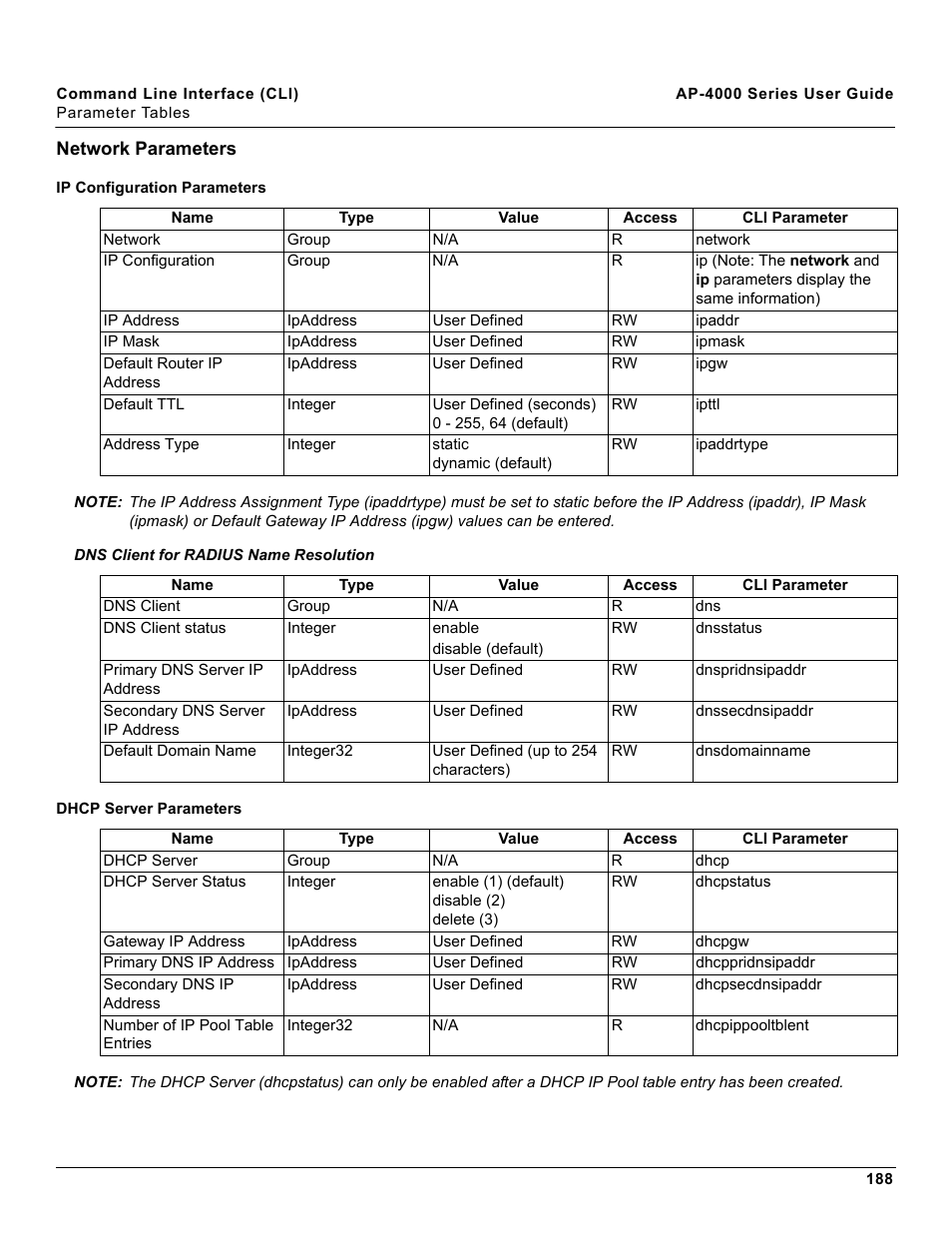 Network parameters, Ip configuration parameters, Dhcp server parameters | Proxim AP-4000 User Manual | Page 188 / 235