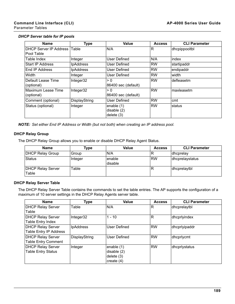Dhcp relay group, Dhcp relay server table | Proxim AP-4000 User Manual | Page 189 / 235