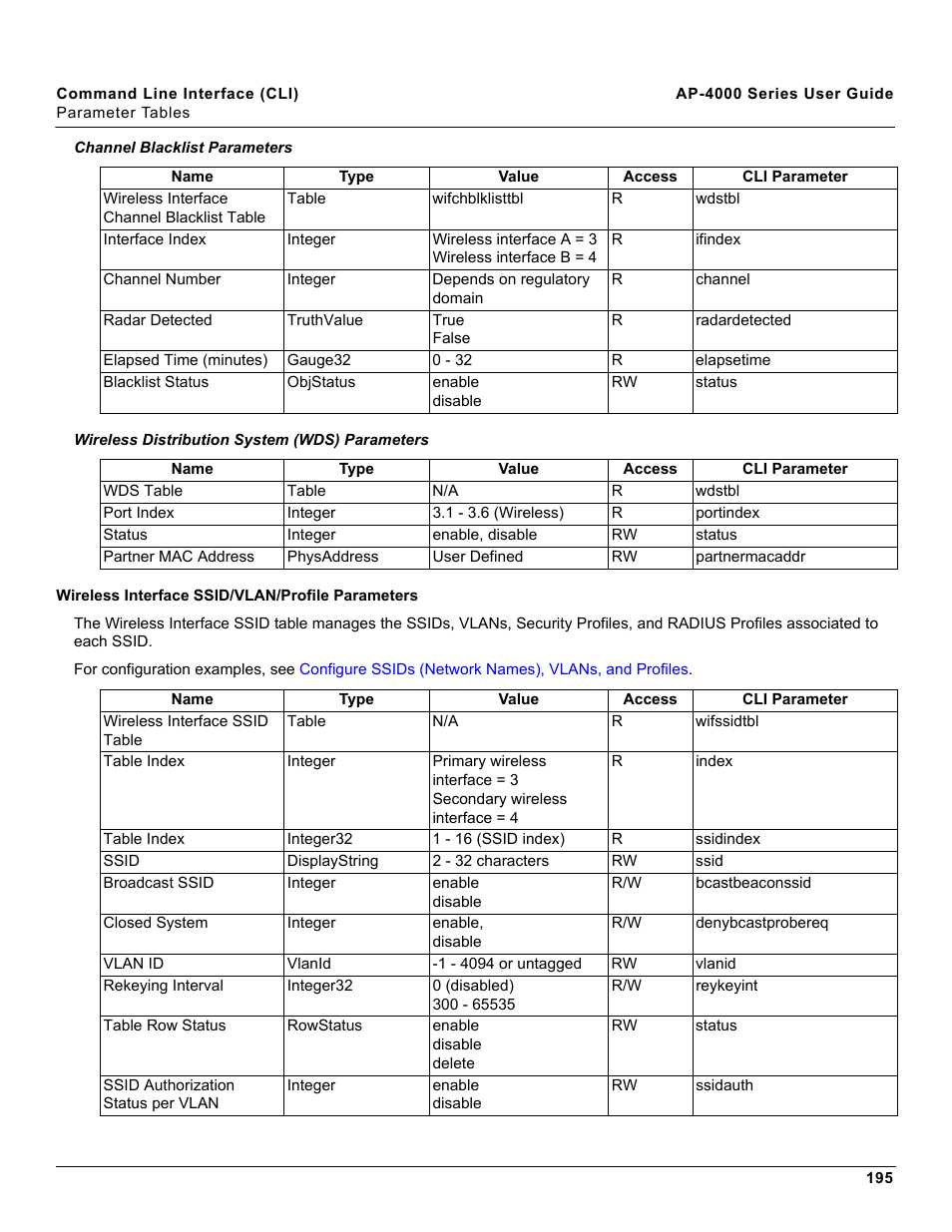 Wireless interface ssid/vlan/profile parameters, Channel blacklist parameters | Proxim AP-4000 User Manual | Page 195 / 235