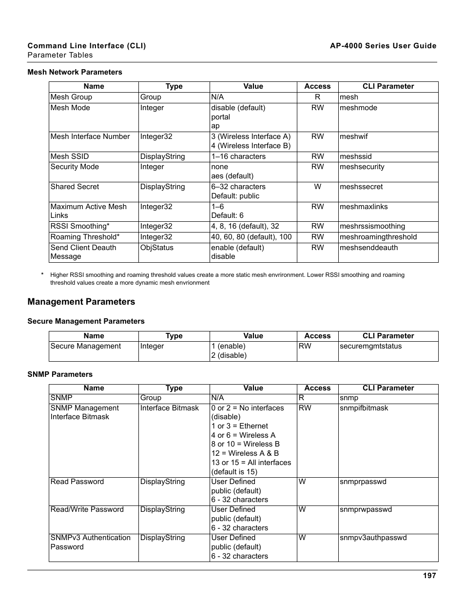 Mesh network parameters, Management parameters, Secure management parameters | Snmp parameters, In the, Set rea | Proxim AP-4000 User Manual | Page 197 / 235