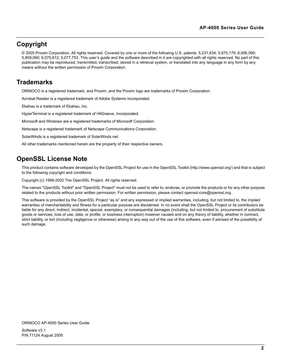 Copyright, Trademarks | Proxim AP-4000 User Manual | Page 2 / 235
