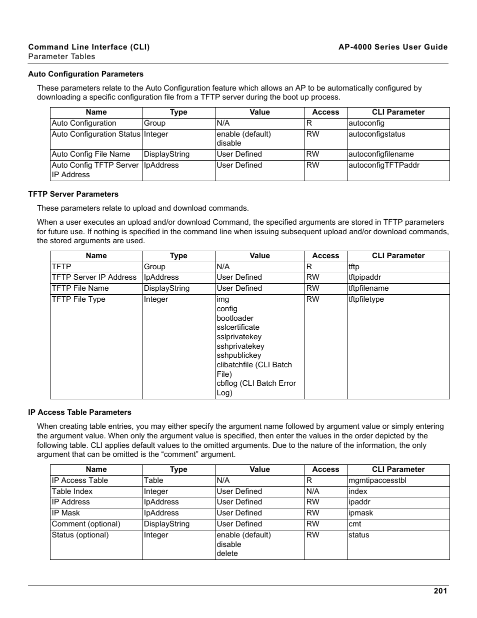 Auto configuration parameters, Tftp server parameters, Ip access table parameters | Proxim AP-4000 User Manual | Page 201 / 235