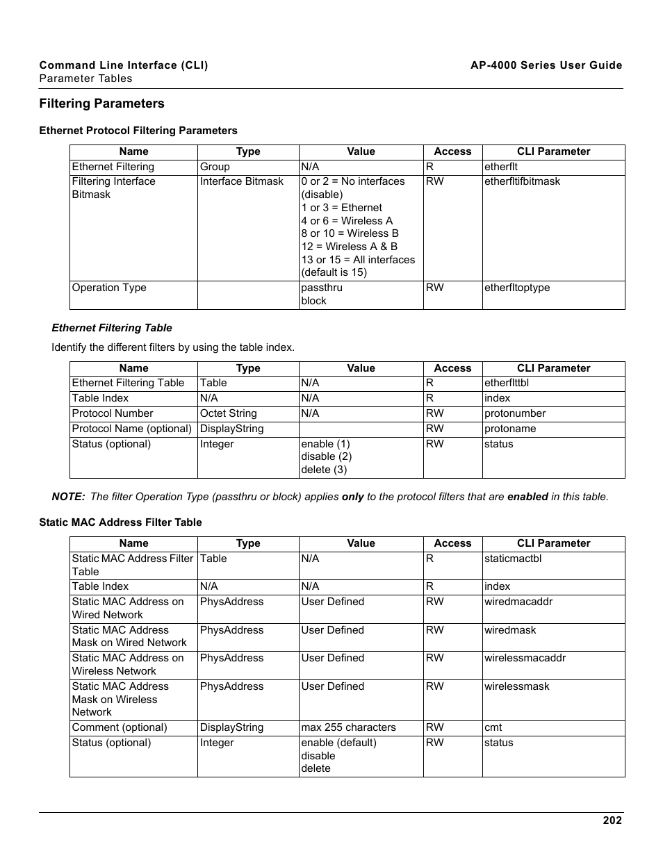 Filtering parameters, Ethernet protocol filtering parameters, Static mac address filter table | Proxim AP-4000 User Manual | Page 202 / 235