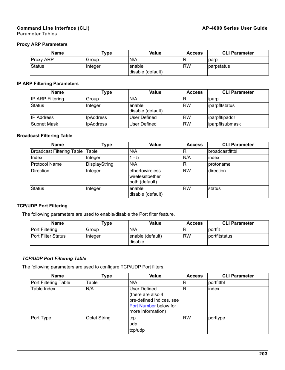 Proxy arp parameters, Ip arp filtering parameters, Broadcast filtering table | Tcp/udp port filtering, Filter | Proxim AP-4000 User Manual | Page 203 / 235