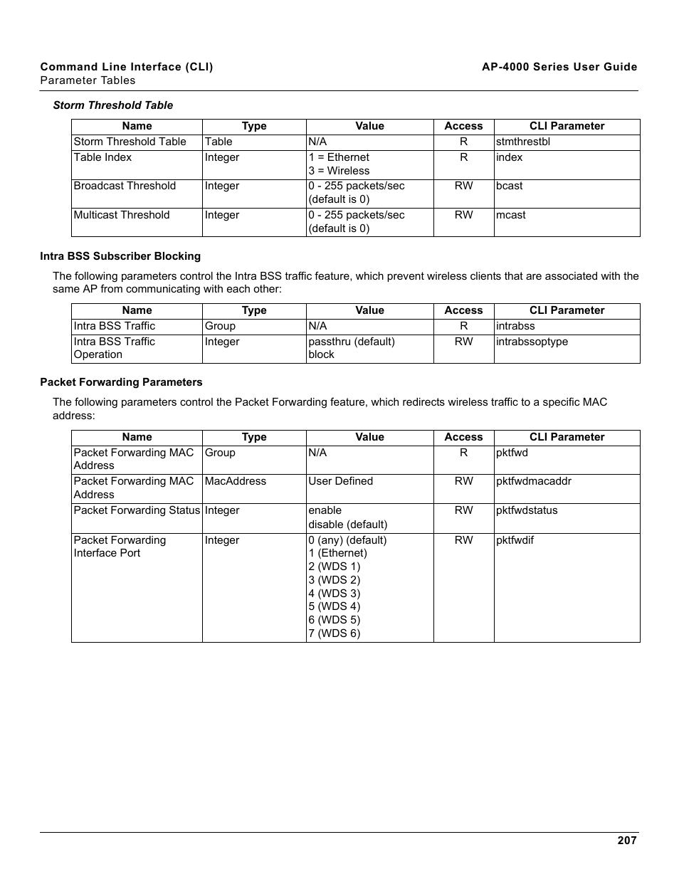 Intra bss subscriber blocking, Packet forwarding parameters | Proxim AP-4000 User Manual | Page 207 / 235