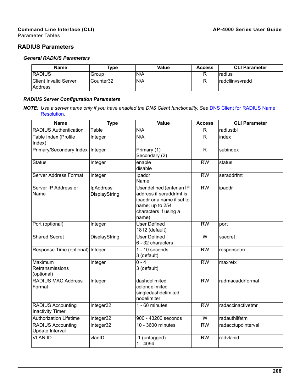 Radius parameters | Proxim AP-4000 User Manual | Page 208 / 235