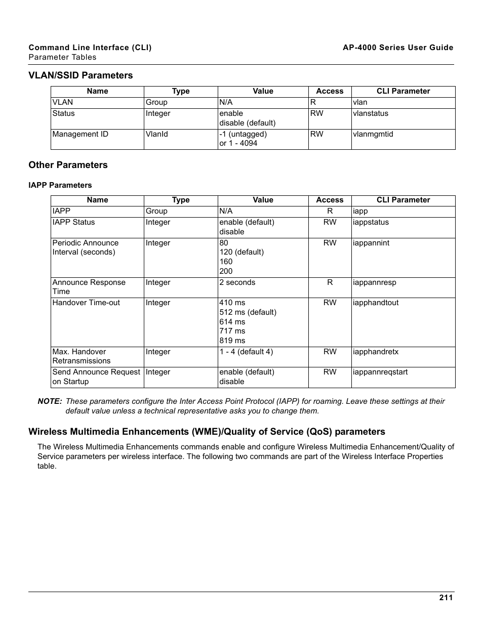 Vlan/ssid parameters, Other parameters, Iapp parameters | Proxim AP-4000 User Manual | Page 211 / 235