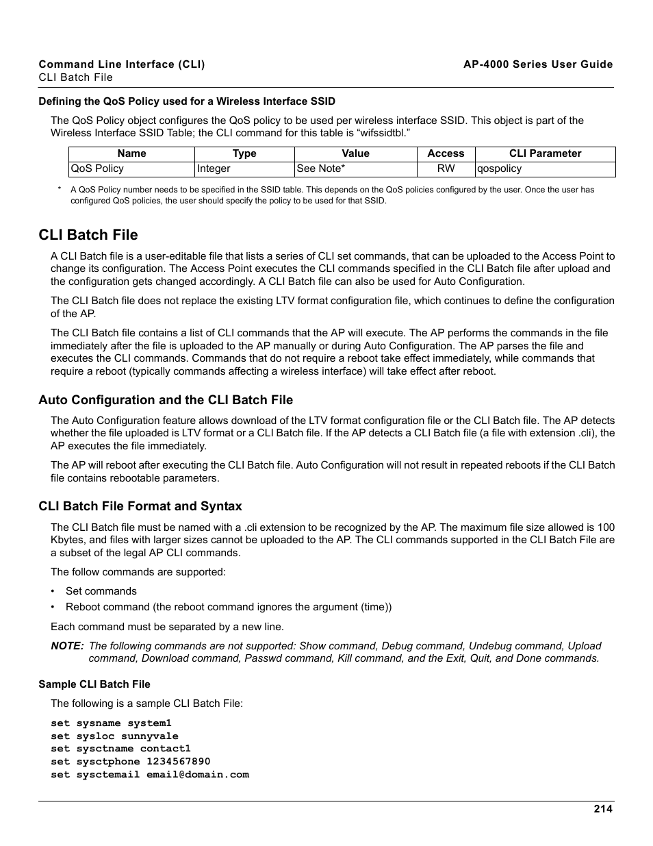 Cli batch file, Auto configuration and the cli batch file, Cli batch file format and syntax | Sample cli batch file | Proxim AP-4000 User Manual | Page 214 / 235
