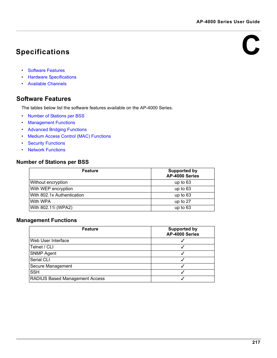 Specifications, Software features, Number of stations per bss | Management functions, C specifications, Number of stations per bss management functions | Proxim AP-4000 User Manual | Page 217 / 235