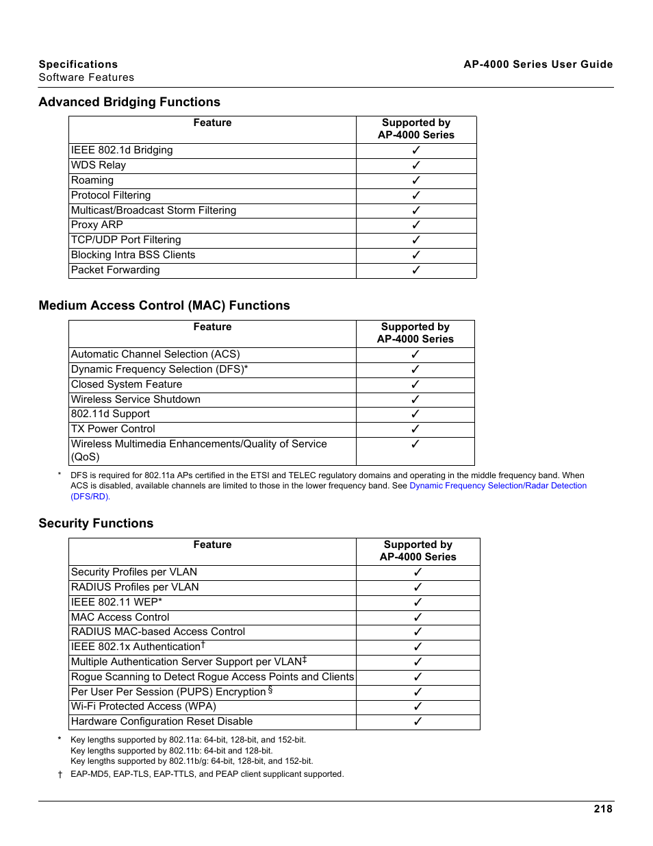 Advanced bridging functions, Medium access control (mac) functions, Security functions | Proxim AP-4000 User Manual | Page 218 / 235