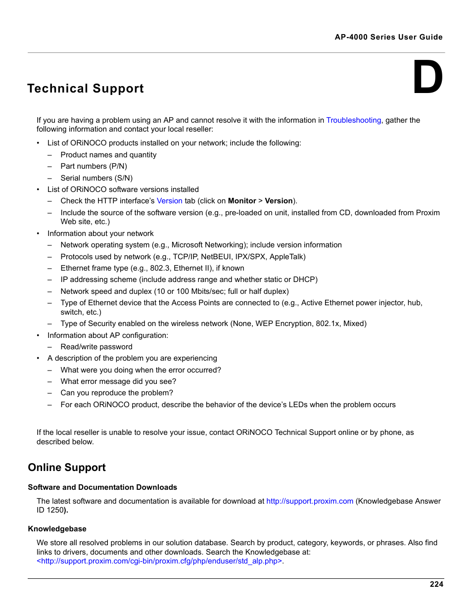 Technical support, Online support, Software and documentation downloads | Knowledgebase, D technical support | Proxim AP-4000 User Manual | Page 224 / 235