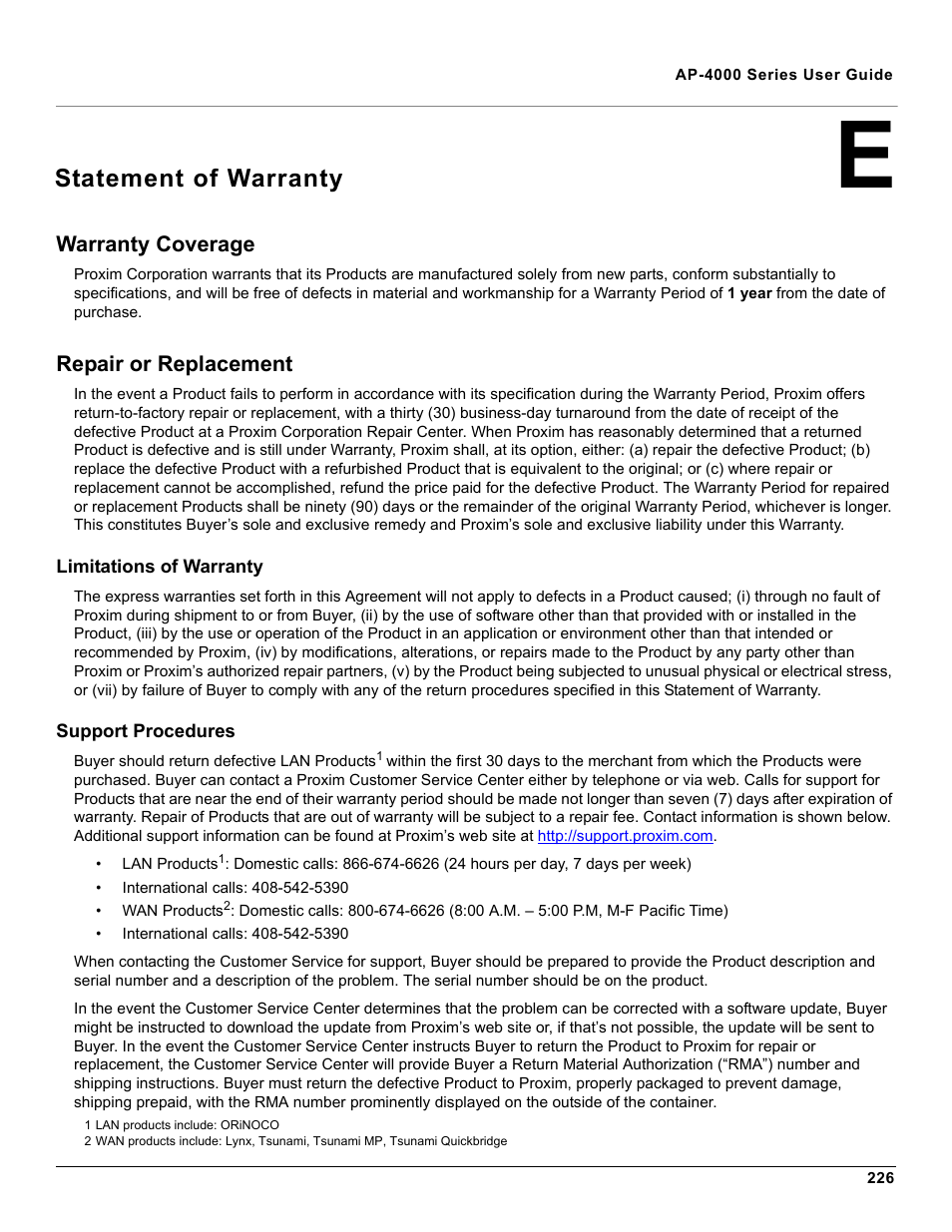 Statement of warranty, Warranty coverage, Repair or replacement | Limitations of warranty, Support procedures, E statement of warranty, Warranty coverage repair or replacement, Limitations of warranty support procedures | Proxim AP-4000 User Manual | Page 226 / 235