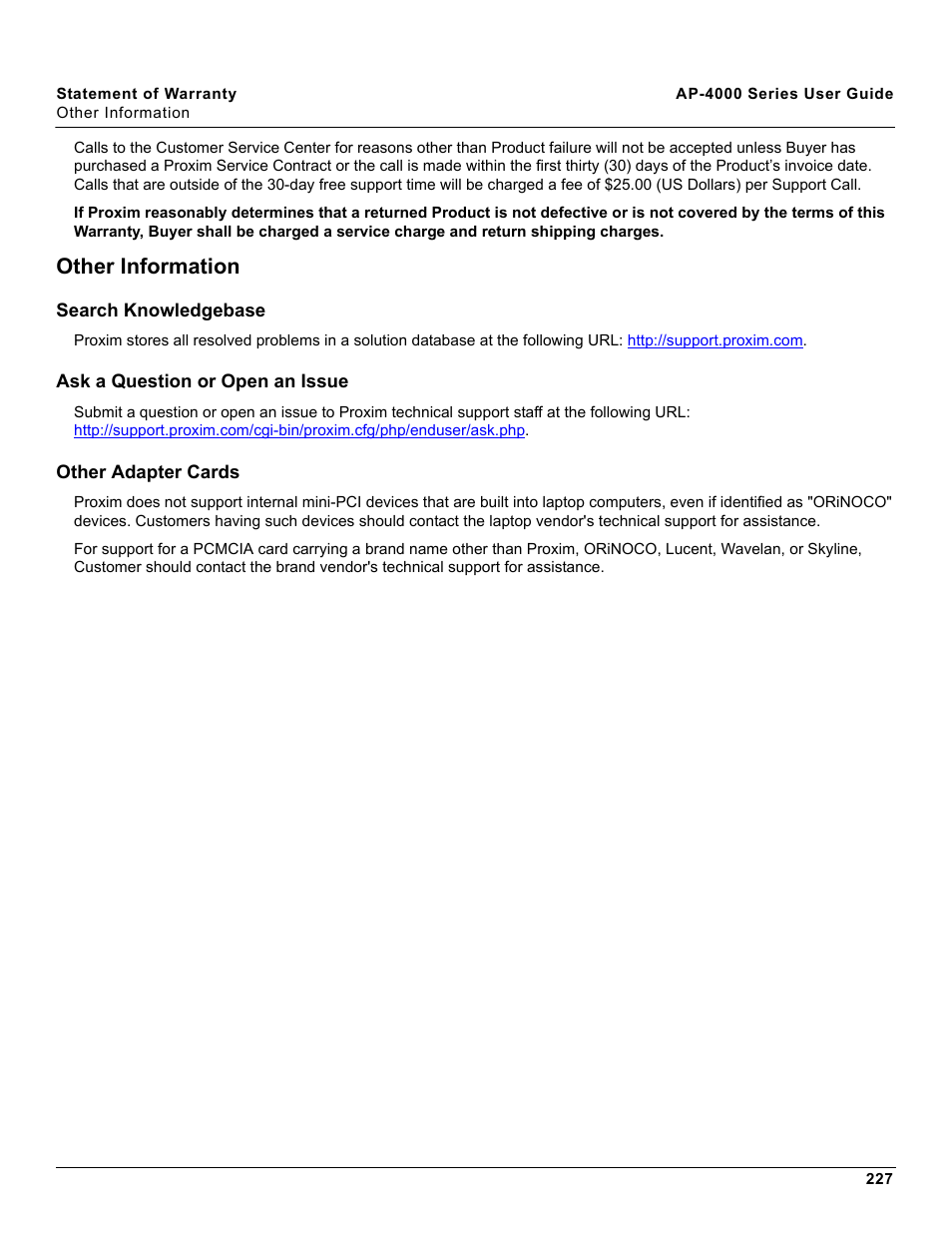 Other information, Search knowledgebase, Ask a question or open an issue | Other adapter cards | Proxim AP-4000 User Manual | Page 227 / 235