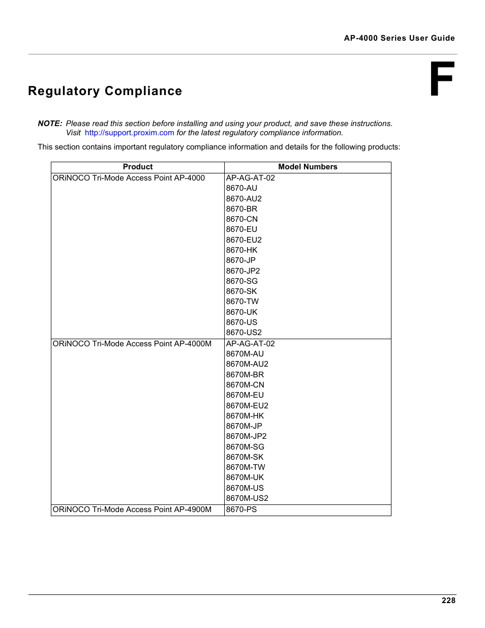 Regulatory compliance, F regulatory compliance, Regulatory | Compliance, Cumplim | Proxim AP-4000 User Manual | Page 228 / 235