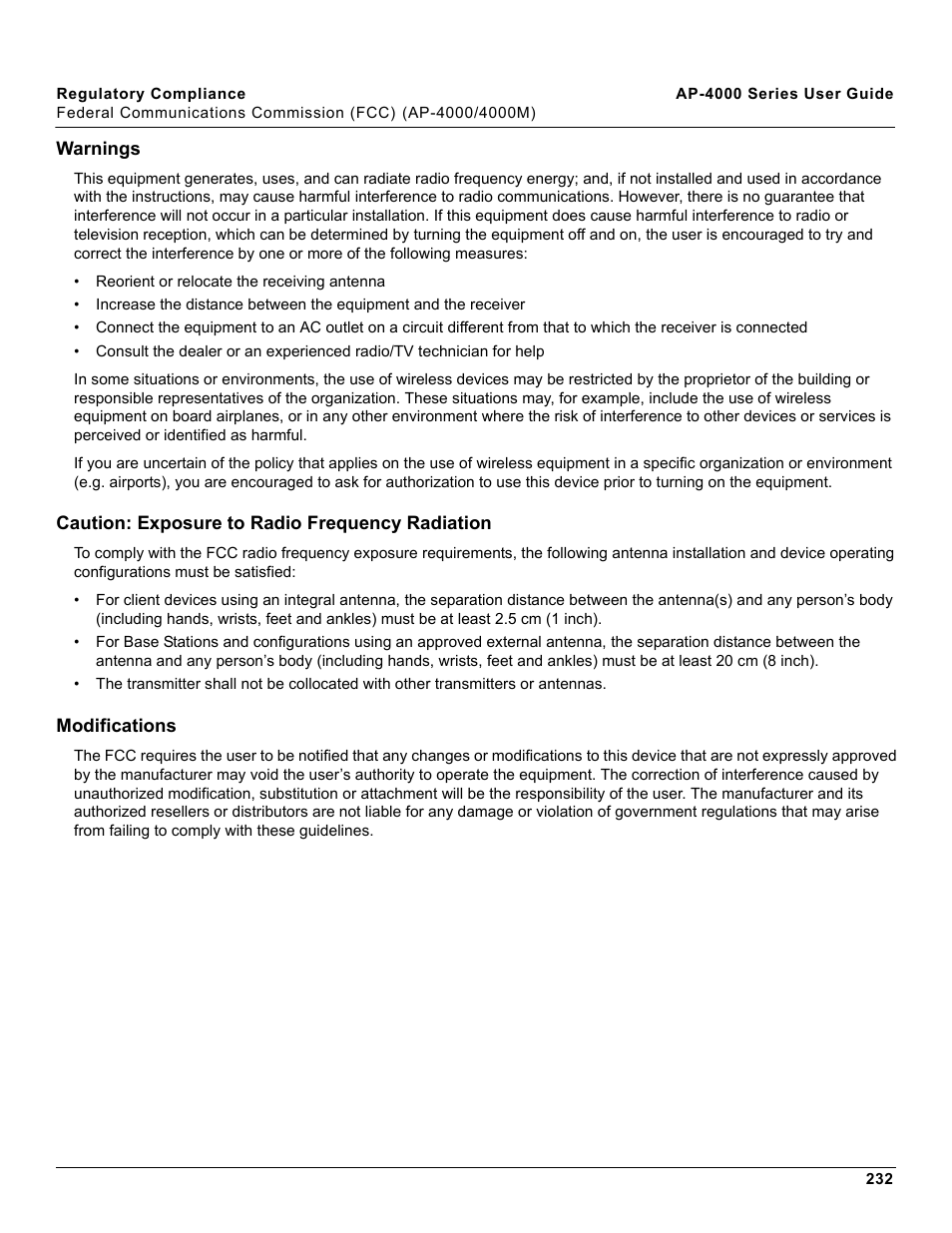 Warnings, Caution: exposure to radio frequency radiation, Modifications | Proxim AP-4000 User Manual | Page 232 / 235