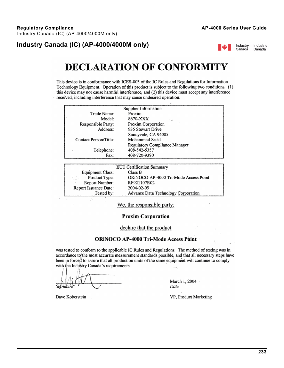 Industry canada (ic) (ap-4000/4000m only) | Proxim AP-4000 User Manual | Page 233 / 235