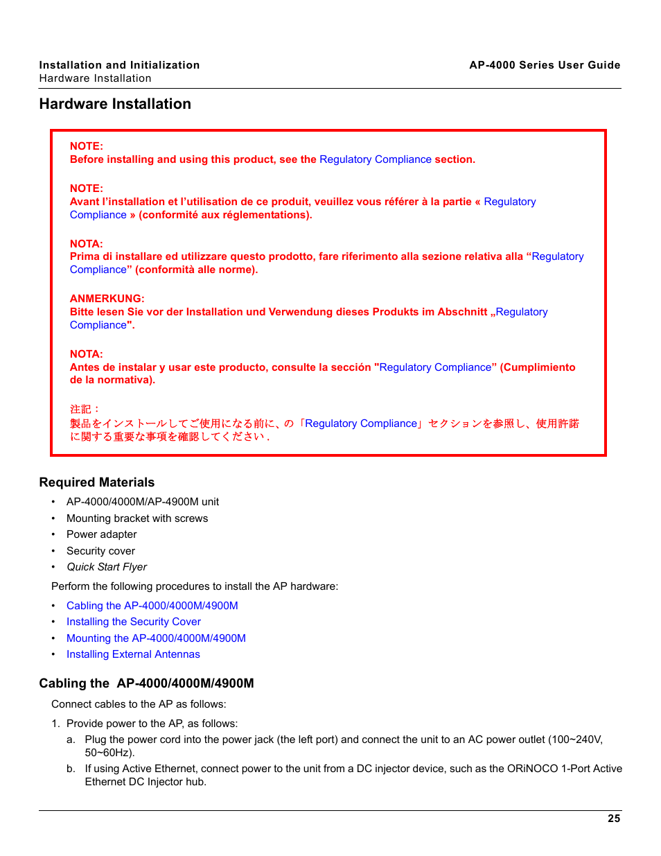 Hardware installation, Required materials, Cabling the ap-4000/4000m/4900m | Required materials cabling the ap-4000/4000m/4900m | Proxim AP-4000 User Manual | Page 25 / 235