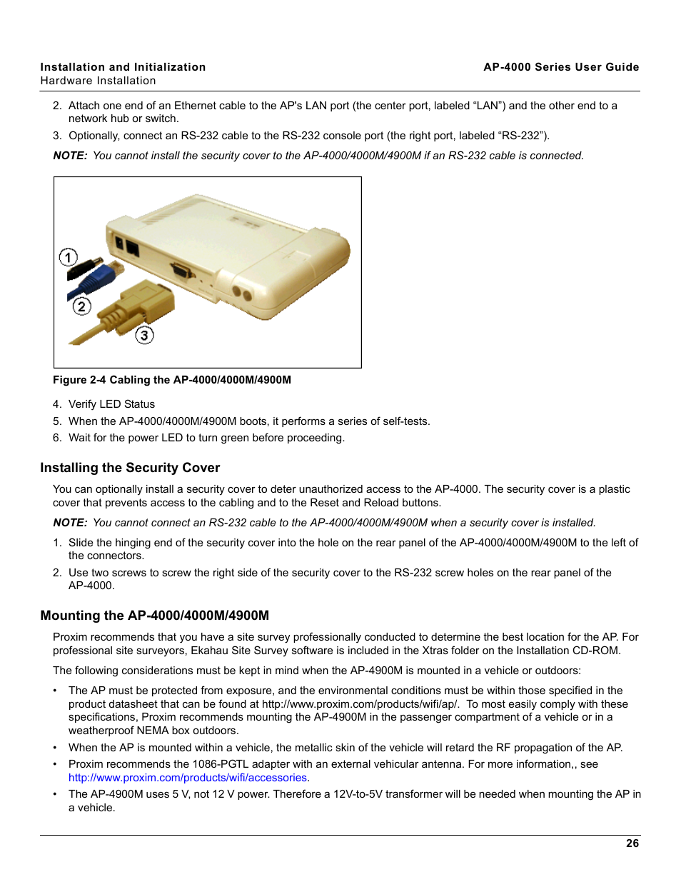 Installing the security cover, Mounting the ap-4000/4000m/4900m | Proxim AP-4000 User Manual | Page 26 / 235