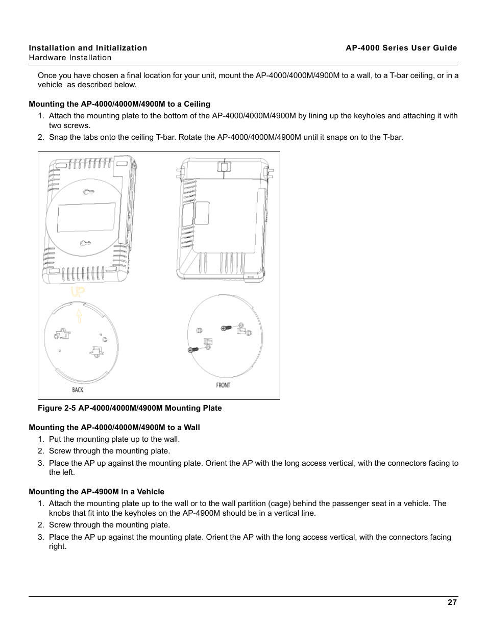 Mounting the ap-4000/4000m/4900m to a ceiling, Mounting the ap-4000/4000m/4900m to a wall, Mounting the ap-4900m in a vehicle | Proxim AP-4000 User Manual | Page 27 / 235