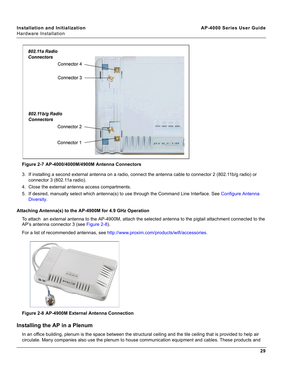 Installing the ap in a plenum, Attaching antenna(s) to the ap-4900m, For 4.9 ghz operation | Proxim AP-4000 User Manual | Page 29 / 235