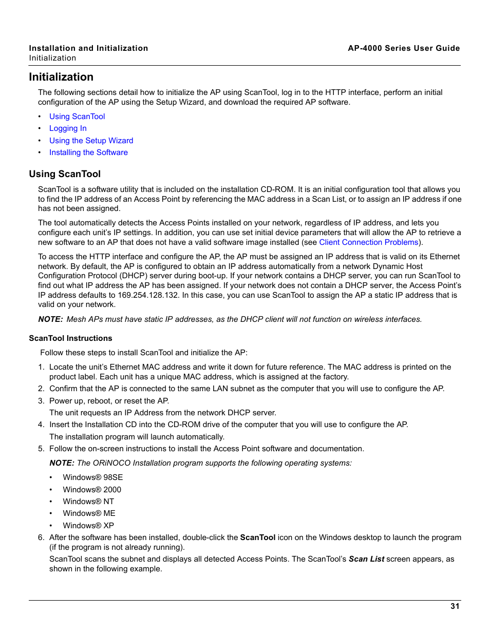 Initialization, Using scantool, Scantool instructions | Proxim AP-4000 User Manual | Page 31 / 235