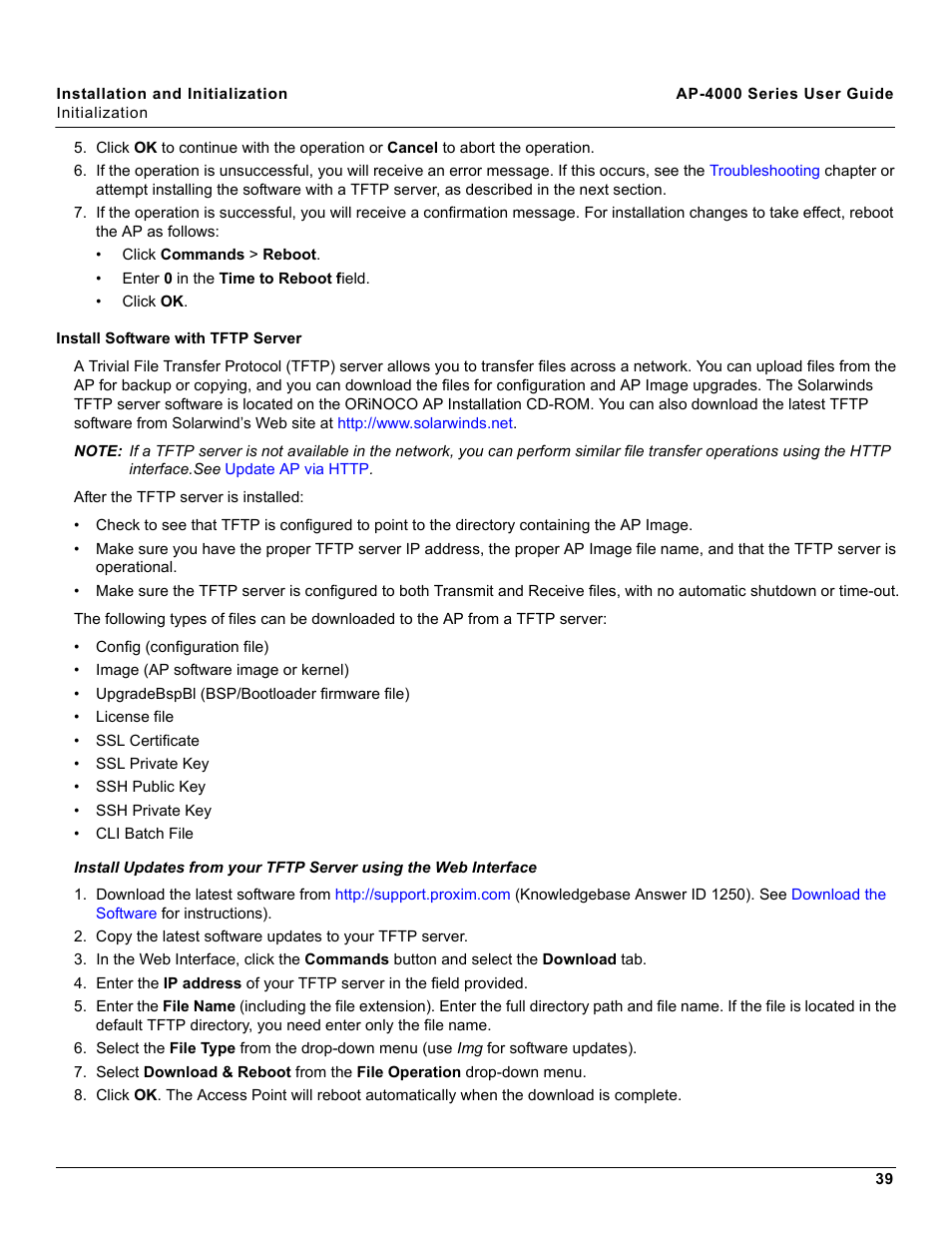 Install software with tftp server | Proxim AP-4000 User Manual | Page 39 / 235