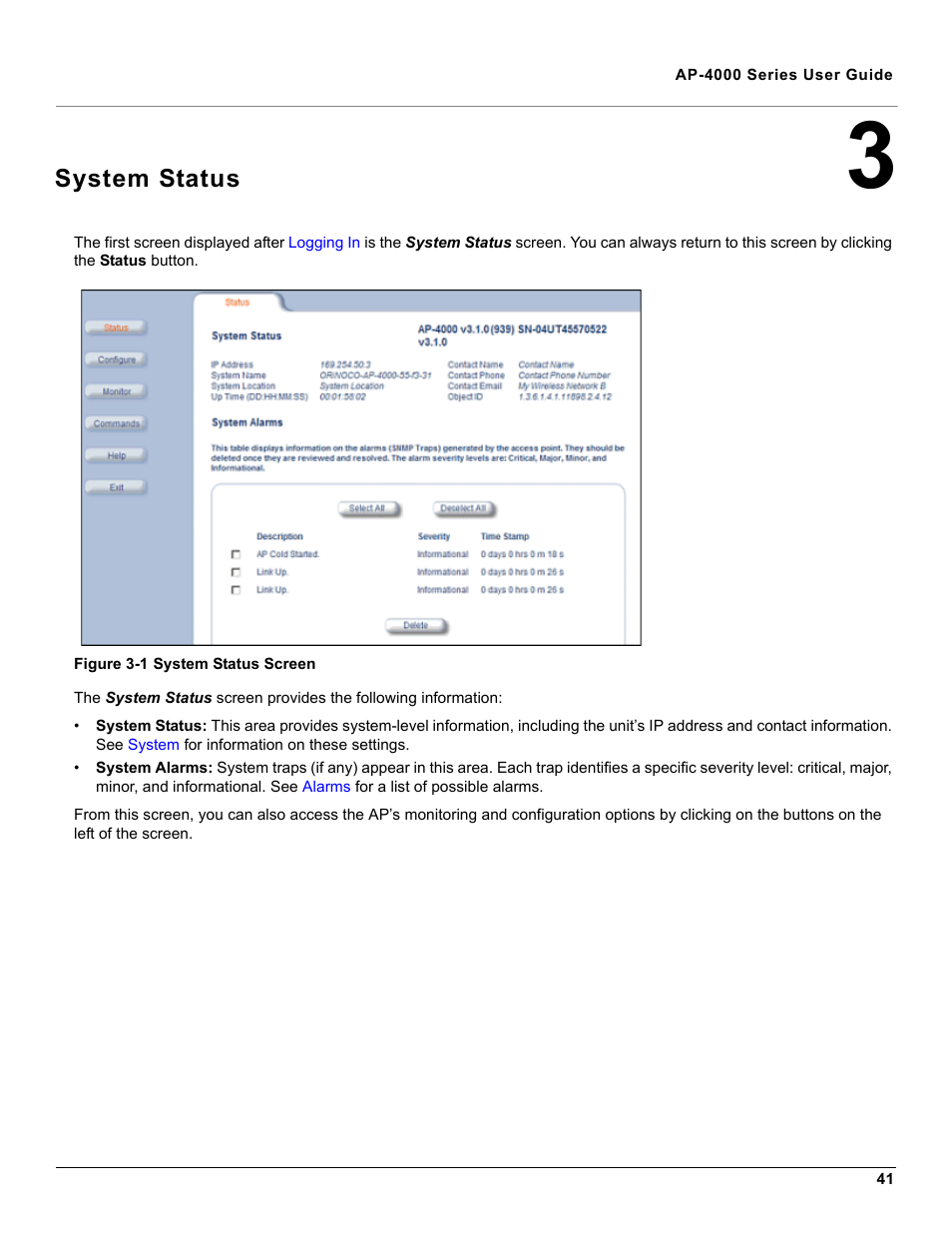 System status, 3 system status | Proxim AP-4000 User Manual | Page 41 / 235